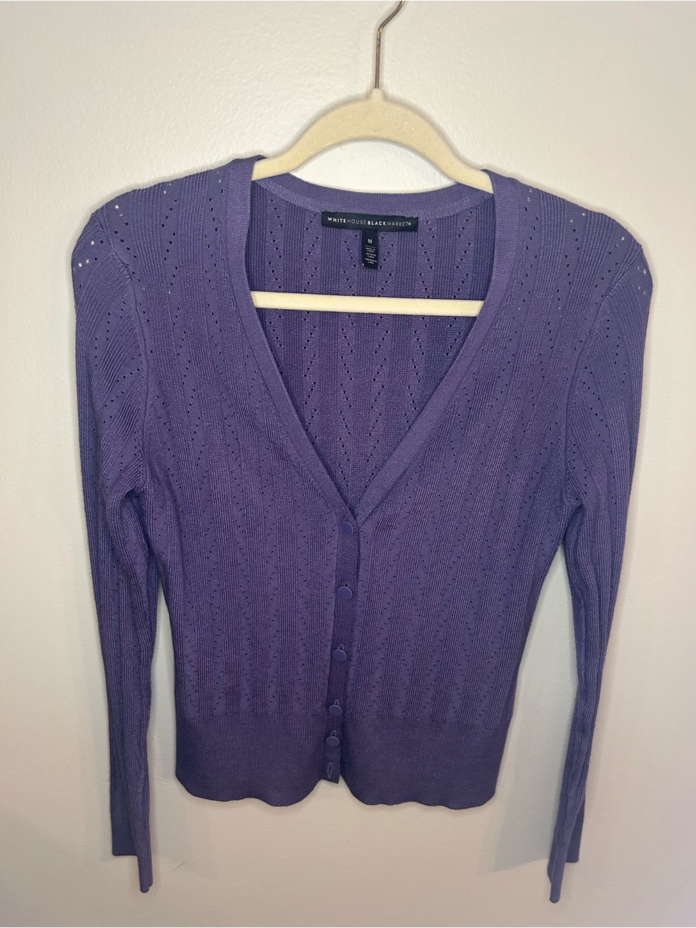 White House Black Market Lilac Pointelle V-Neck Cardigan